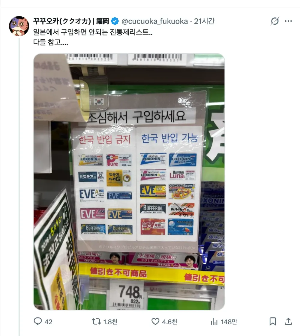 꾸꾸오카 X 계정에 올린 「일본에서 구입하면 안 되는 진통제 리스트」 게시물. 드럭스토어 한국어 안내판 사진과 조회 148만 표시