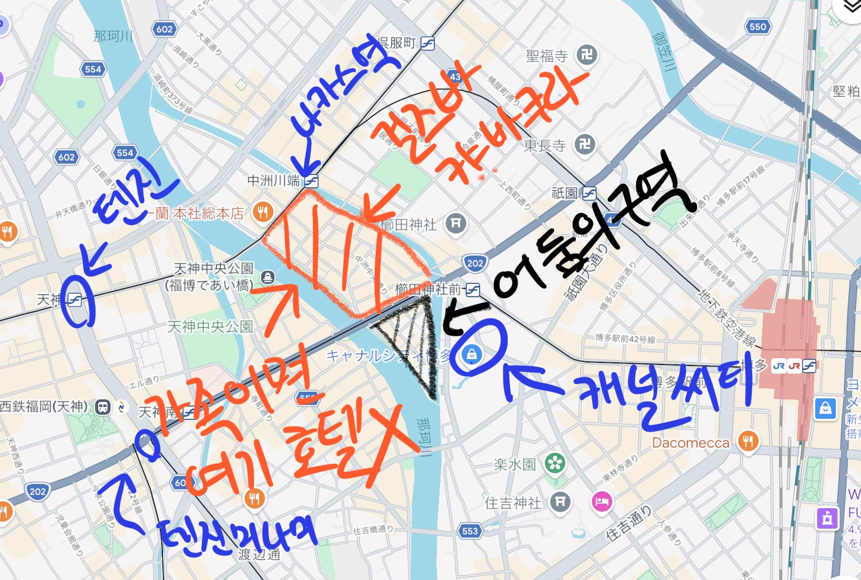 나카스 캬바쿠라·걸즈바가 몰린 구역과 피할 구역을 표시한 지도